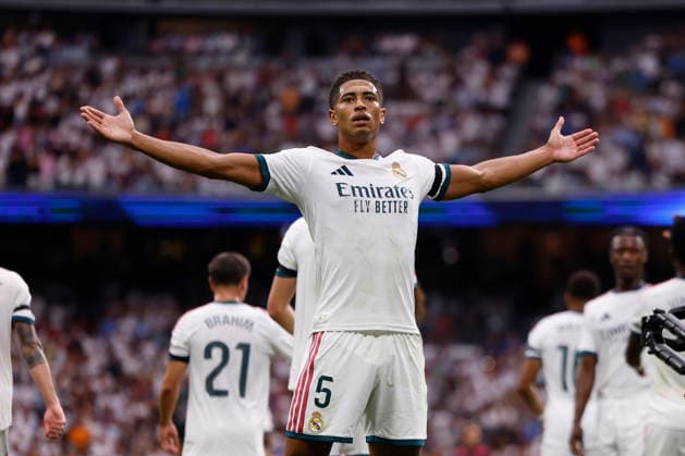Jude Bellingham of Real Madrid CF celebrates after scoring his team s first goal during the LaLiga EA Sports match between Real Madrid CF and Málaga CF at Estadio Santiago Bernabéu on August 30, 2026, in Madrid, Spain. Photo by Manu Reino, DeFodi Images