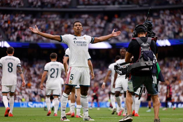 Jude Bellingham of Real Madrid CF celebrates after scoring his team s first goal during the LaLiga EA Sports match between Real Madrid CF and Málaga CF at Estadio Santiago Bernabéu on August 30, 2026, in Madrid, Spain. Photo by Manu Reino, DeFodi Images
