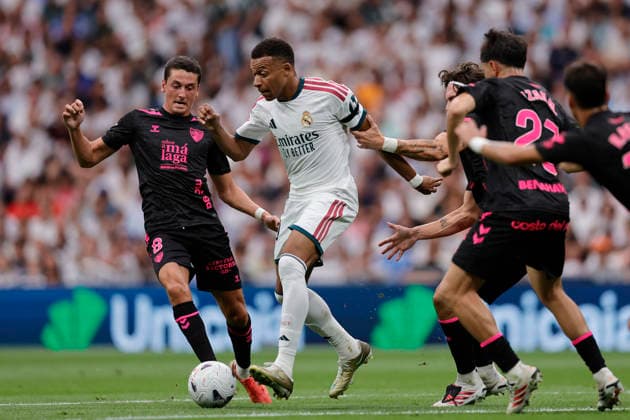 Kylian Mbappé of Real Madrid CF controls the ball during the LaLiga EA Sports match between Real Madrid CF and Málaga CF at Estadio Santiago Bernabéu on August 30, 2026, in Madrid, Spain. Photo by Manu Reino, DeFodi Images
