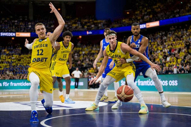 August 30, 2026: Ludvig Hakanson, Kenny Pohto, and Pelle Larsson of Sweden during the FIBA World Cup Qualifier basketball game between Sweden and France on August 30, 2026 in Stockholm. Photo by Joel Marklund, BILDBYRAN. Code: JM JM0848 bbeng basketball FIBA World Cup Qualifiers Sweden France  Copyright: JOELxMARKLUND BB260830JM024