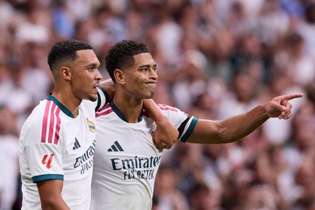 ESP LaLiga EA Sports Real Madrid vs. Málaga CF Jude Bellingham of Real Madrid scores a goal and celebrates with Trent Alexander-Arnold of Real Madrid during the LaLiga EA Sports match between Real Madrid and Málaga CF played at the Bernabéu Stadium in Madrid on August 30, 2026, in Spain. Madrid, Spain. Soccer Copyright: xAgenciaxLOFx