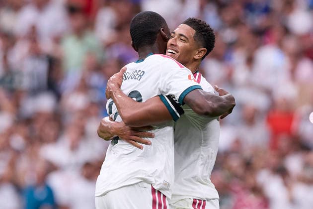 ESP LaLiga EA Sports Real Madrid vs. Málaga CF Jude Bellingham of Real Madrid scores a goal and celebrates with Antonio Rüdiger of Real Madrid during the LaLiga EA Sports match between Real Madrid and Málaga CF played at the Bernabéu Stadium in Madrid on August 30, 2026, in Spain. Madrid, Spain. Soccer Copyright: xAgenciaxLOFx