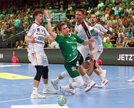 August 30, 2026, xovx, Handball Opel Handball Bundesliga, HSG Wetzlar vs. SG BBM Bietigheim; Jonas Josef (SG BBM Bietigheim), Paul Kompenhans (HSG Wetzlar), Fabian Wiederstein (SG BBM Bietigheim), Dominik Claus (SG BBM Bietigheim); Wetzlar Buderus Arena, Hesse, Germany, DE