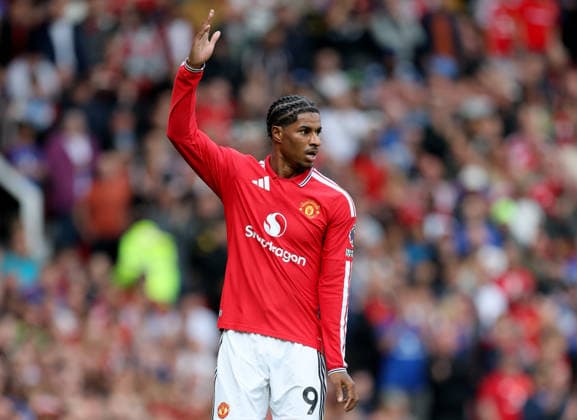 Manchester United, ManU v Ipswich Town - Premier League 2026 27 Marcus Rashford of Manchester United reacts during the Premier League 2026 27 match between Manchester United and Ipswich Town at Old Trafford on August 30, 2026 in Manchester, England. WARNING! This Photograph May Only Be Used For Newspaper And Or Magazine Editorial Purposes. May Not Be Used For Publications Involving 1 player, 1 Club Or 1 Competition Without Written Authorisation From Football DataCo Ltd. For Any Queries, Please Contact Football DataCo Ltd on +44 (0) 207 864 9121 Manchester Old Trafford England United Kingdom Copyright: xAllstarxPicturexLibraryxLtdx
