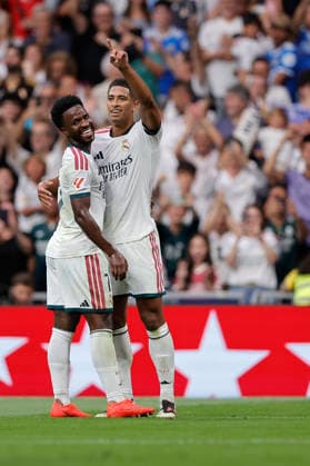 Jude Bellingham of Real Madrid CF celebrates after scoring his team s second goal during the LaLiga EA Sports match between Real Madrid CF and Málaga CF at Estadio Santiago Bernabéu on August 30, 2026, in Madrid, Spain. Photo by Manu Reino, DeFodi Images