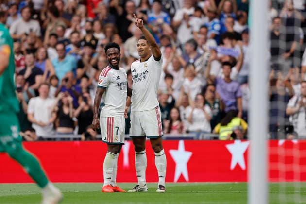 Jude Bellingham of Real Madrid CF celebrates after scoring his team s second goal during the LaLiga EA Sports match between Real Madrid CF and Málaga CF at Estadio Santiago Bernabéu on August 30, 2026, in Madrid, Spain. Photo by Manu Reino, DeFodi Images