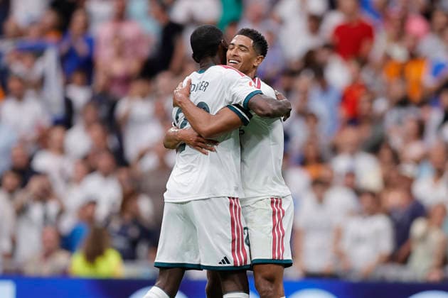 Jude Bellingham of Real Madrid CF celebrates after scoring his team’s second goal with his teammates during the LaLiga EA Sports match between Real Madrid CF and Málaga CF at Estadio Santiago Bernabéu on August 30, 2026, in Madrid, Spain. Photo by Manu Reino, DeFodi Images