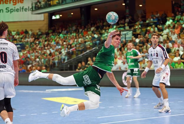 August 30, 2026, xovx, Opel Handball Bundesliga, HSG Wetzlar vs. SG BBM Bietigheim; Jonas Josef (SG BBM Bietigheim), Paul Kompenhans (HSG Wetzlar), Nikola Vlahovic (SG BBM Bietigheim); Wetzlar Buderus Arena, Hesse, Germany, DE