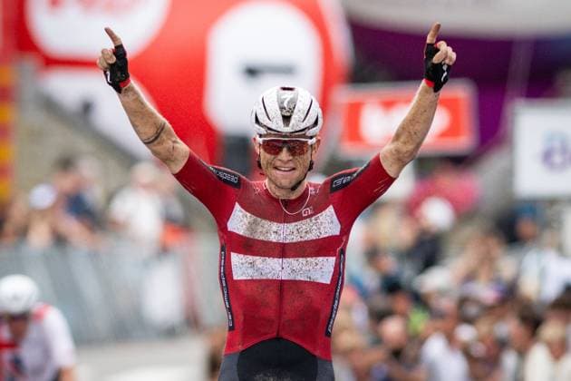 Danish SCHMIDT Mads Würtz celebrates as he crosses the finishline at the UEC Gravel European Championships in Houffalize (138 km), on Sunday 30 August 2026. DAVIDxPINTENS  x184753606x