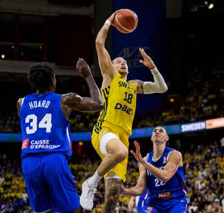 August 30, 2026: Viktor Gaddefors of Sweden and Jaylen Hoard and Terry Tarpey of France during the FIBA World Cup Qualifier basketball game between Sweden and France on August 30, 2026 in Stockholm. Photo by Joel Marklund. BILDBYRAN code JM JM0848 bbeng basketball FIBA World Cup Qualifiers Sweden France  Copyright: JOELxMARKLUND BB260830JM027