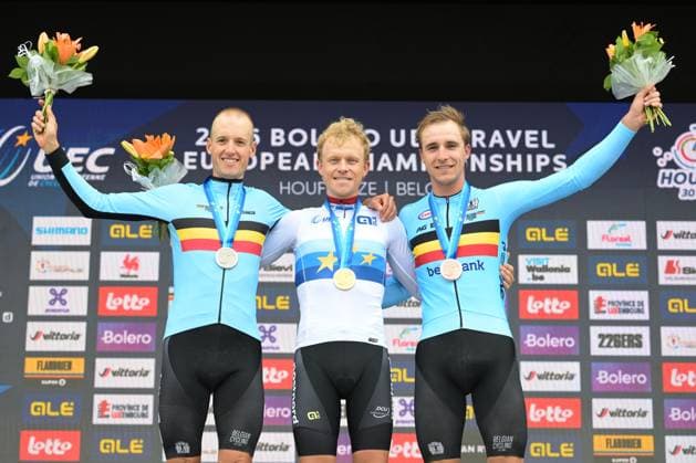 Belgian Wout Alleman, Danish SCHMIDT Mads Würtz, Belgian Niels Vandeputte of Alpecin-Premier Tech pictured on the podium after the UEC Gravel European Championships in Houffalize (138 km), on Sunday 30 August 2026. DAVIDxPINTENS  x184753658x