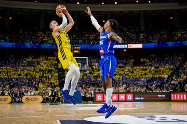 August 30, 2026: Ludvig Hakanson of Sweden and Matthew Strazel of France during the FIBA World Cup Qualifier basketball game between Sweden and France on August 30, 2026 in Stockholm. Photo by Joel Marklund, BILDBYRAN, code JM JM0848 bbeng basketball FIBA World Cup Qualifiers Sweden France  Copyright: JOELxMARKLUND BB260830JM028