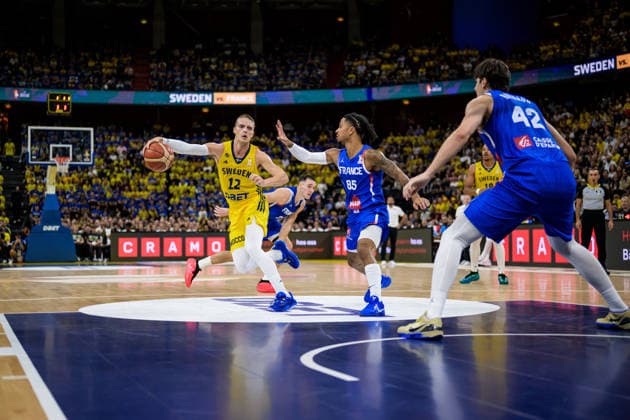 August 30, 2026: Ludvig Hakanson of Sweden and Matthew Strazel of France during the FIBA World Cup Qualifier basketball game between Sweden and France on August 30, 2026 in Stockholm. Photo by Joel Marklund, BILDBYRAN, code JM JM0848 bbeng basketball FIBA World Cup Qualifiers Sweden France  Copyright: JOELxMARKLUND BB260830JM029