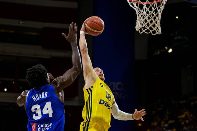 August 30, 2026: Viktor Gaddefors of Sweden and Jaylen Hoard of France during the FIBA World Cup Qualifier basketball game between Sweden and France on August 30, 2026 in Stockholm. Photo by Joel Marklund. BILDBYRAN code JM JM0848 bbeng basketball FIBA World Cup Qualifiers Sweden France  Copyright: JOELxMARKLUND BB260830JM030