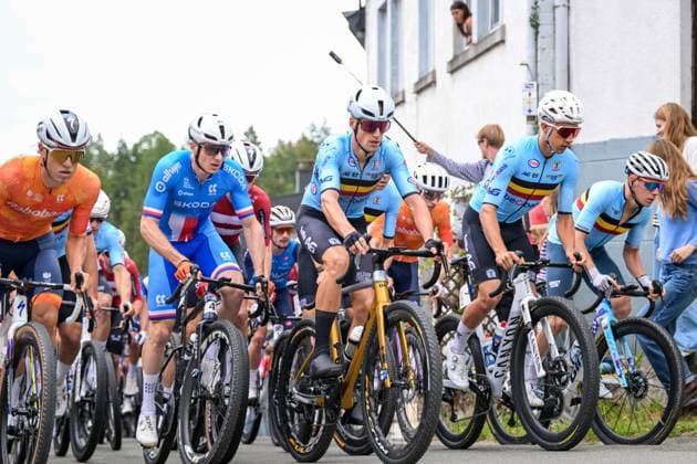 Czech petr Vakoc, Belgian Wout Alleman, Belgian Jente Michels pictured in action during the UEC Gravel European Championships in Houffalize (138 km), on Sunday 30 August 2026. DAVIDxPINTENS  x184733345x