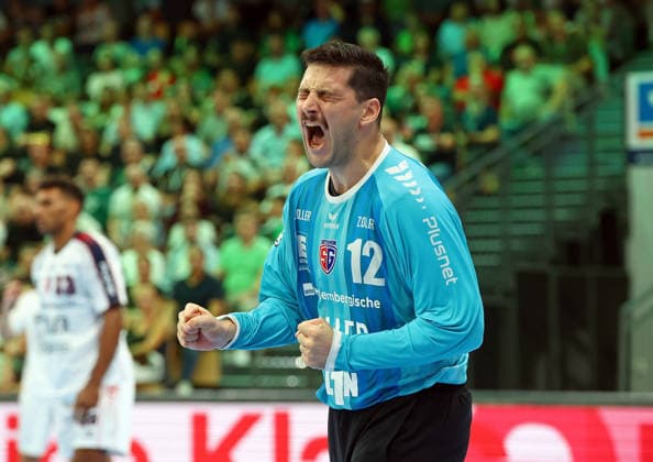 August 30, 2026, xovx, Opel Handball Bundesliga, HSG Wetzlar vs. SG BBM Bietigheim; Martin Tomovski celebrates; SG BBM Bietigheim vs. Wetzlar; Buderus Arena; Hesse, Germany; DE