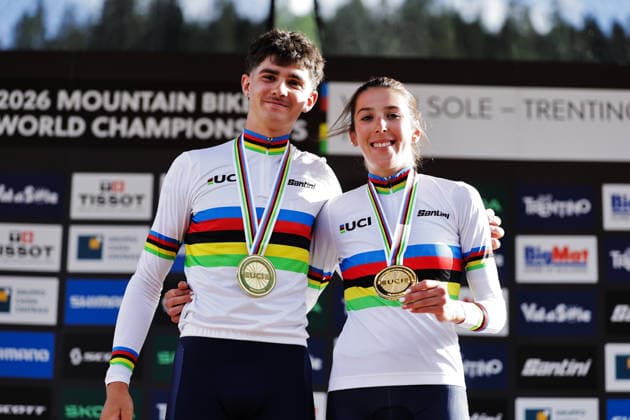 2026 UCI Mountain Bike World Championships Picture by Alex Whitehead SWpix.com - 30 08 2026 - Cycling - 2026 UCI Mountain Bike World Championships - Val di Sole, Trentino, Italy - Cross-country Olympic (XCO) - Men + Women Under-23 (U23) Podium - Nael Rouffiac (France) wins the Gold Medal to become World Champion and Valentina Corvi (Italy) wins the Gold Medal to become World Champion Copyright: x xSWpix.comx(t axPhotographyxHubxLtd)xAlexxWhitehead SWpix.comx SWP-3030-21682