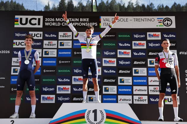 2026 UCI Mountain Bike World Championships Picture by Alex Whitehead SWpix.com - 30 08 2026 - Cycling - 2026 UCI Mountain Bike World Championships - Val di Sole, Trentino, Italy - Men Under-23 (U23) Podium - Nael Rouffiac (France) wins the Gold Medal to become World Champion with Alix Andre Gallis (France) receiving the Silver Medal and Nicolas Halter (Switzerland) receiving the Bronze Medal Copyright: x xSWpix.comx(t axPhotographyxHubxLtd)xAlexxWhitehead SWpix.comx SWP-3030-21688