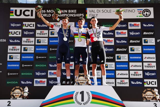 2026 UCI Mountain Bike World Championships Picture by Alex Whitehead SWpix.com - 30 08 2026 - Cycling - 2026 UCI Mountain Bike World Championships - Val di Sole, Trentino, Italy - Men Under-23 (U23) Podium - Nael Rouffiac (France) wins the Gold Medal to become World Champion with Alix Andre Gallis (France) receiving the Silver Medal and Nicolas Halter (Switzerland) receiving the Bronze Medal Copyright: x xSWpix.comx(t axPhotographyxHubxLtd)xAlexxWhitehead SWpix.comx SWP-3030-21689