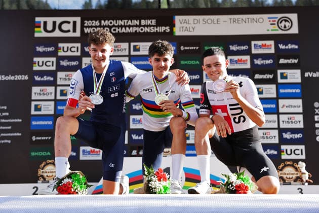 2026 UCI Mountain Bike World Championships Picture by Alex Whitehead SWpix.com - 30 08 2026 - Cycling - 2026 UCI Mountain Bike World Championships - Val di Sole, Trentino, Italy - Men Under-23 (U23) Podium - Nael Rouffiac (France) wins the Gold Medal to become World Champion with Alix Andre Gallis (France) receiving the Silver Medal and Nicolas Halter (Switzerland) receiving the Bronze Medal Copyright: x xSWpix.comx(t axPhotographyxHubxLtd)xAlexxWhitehead SWpix.comx SWP-3030-21691
