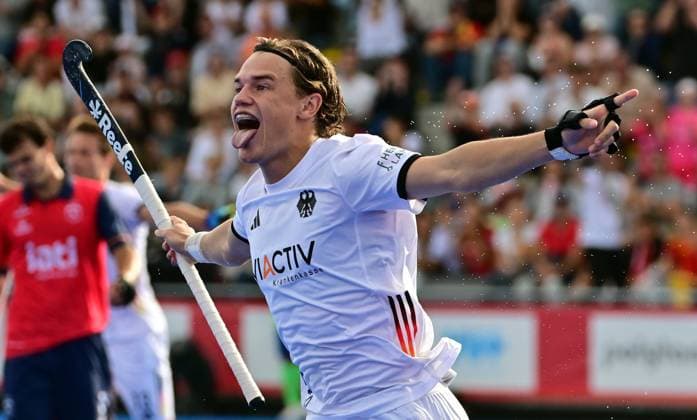 RECORD DATE NOT STATED German Michel Struthoff celebrate after scoring during a Field hockey, Feldhockey game between Spain and Germany, the men s final at the 2026 Hockey World Cup, on Sunday 30 August 2026, in Wavre. The 2026 edition of the Hockey World Cup takes place in Belgium and The Netherlands from August 15 to August 30. DIRKxWAEM  x184758115x