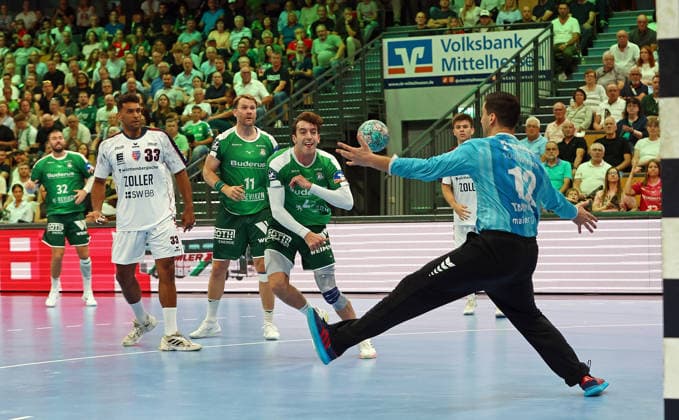 August 30, 2026, xovx, Opel Handball Bundesliga, HSG Wetzlar vs. SG BBM Bietigheim: Nikolaj Laesö (HSG Wetzlar), Djibril M. Bengue (SG BBM Bietigheim), Petter Överby (HSG Wetzlar), Marcus Norrbrink SG BBM Bietigheim, save by Martin Tomovski SG BBM Bietigheim, Wetzlar Buderus Arena, Hesse, Germany, DE