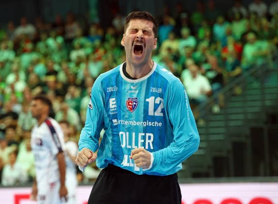 August 30, 2026, xovx, Opel Handball Bundesliga, HSG Wetzlar vs. SG BBM Bietigheim; Martin Tomovski celebrates; SG BBM Bietigheim vs. Wetzlar; Buderus Arena, Hesse, Germany, DE