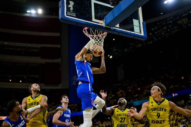 August 30, 2026: Victor Wembanyama of France and Pelle Larsson of Sweden during the FIBA World Cup Qualifier basketball game between Sweden and France on August 30, 2026 in Stockholm. Photo by Joel Marklund, BILDBYRAN. Code: JM JM0848 bbeng basketball FIBA World Cup Qualifiers Sweden France  Copyright: JOELxMARKLUND BB260830JM035