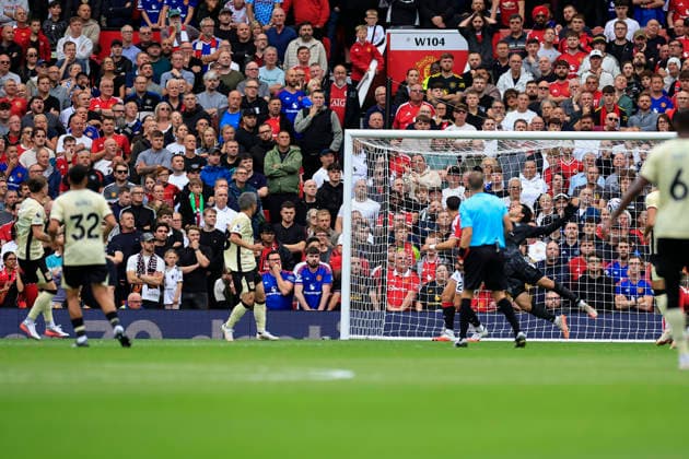 Manchester United, ManU v Ipswich Town, Premier League GOAL. Leif Davis (3) of Ipswich Town scores to make it 0-1 during the Premier League match between Manchester United and Ipswich Town at Old Trafford, Manchester, UK on 30 August 2026. Manchester Old Trafford Greater Manchester UK Editorial use only DataCo restrictions apply See www.football-dataco.com , Copyright: xConorxMolloyx PSI-24777-0038