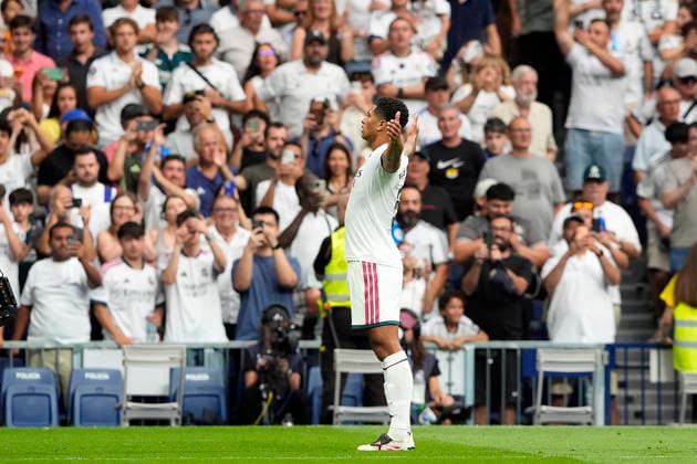 REAL MADRID CF v MALAGA CF. LA LIGA 2026 2027. ROUND 3. Real Madrid CF™s Jude Bellingham celebrates goal during La Liga match. August 30, 2026. (ALTERPHOTOS Acero) MadridSpain  Copyright: xAcerox