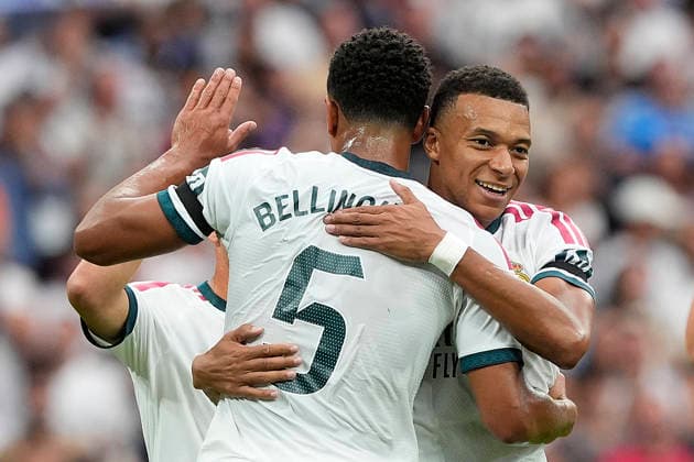 REAL MADRID CF v MALAGA CF. LA LIGA 2026 2027. ROUND 3. Real Madrid CF™s Jude Bellingham and Kylian Mbappe celebrate goal during La Liga match. August 30, 2026. (ALTERPHOTOS Acero) MadridSpain  Copyright: xAcerox