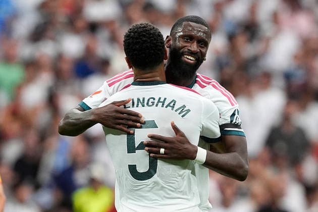 REAL MADRID CF v MALAGA CF. LA LIGA 2026 2027. ROUND 3. Real Madrid CF™s Jude Bellingham and Antonio Rudiger celebrate goal during La Liga match. August 30, 2026. (ALTERPHOTOS Acero) MadridSpain  Copyright: xAcerox