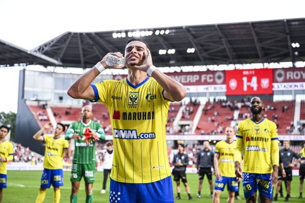 STVV s Ilias Sebaoui celebrates after winning a soccer match between Royal Antwerp FC and Sint-Truidense V.V., Sunday 30 August 2026 in Antwerp, on day 4 of the 2026-2027 Jupiler Pro League first division of the Belgian championship. TOM GOYVAERTS TomxGoyvaerts  x184758610x