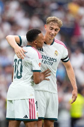 August 30, 2026, Madrid, Madrid, Spain: Kylian Mbappe of Real Madrid CF celebrates after scoring his team s third goal with teammate Dean Huijsen of Real Madrid CF during the Spanish League, LaLiga EA Sports, football match played between Real Madrid and Malaga CF at Bernabeu stadium on August 30, 2026, in Madrid, Spain. Madrid Spain - ZUMAa181 20260830_zaa_a181_094 Copyright: xDennisxAgyemanx
