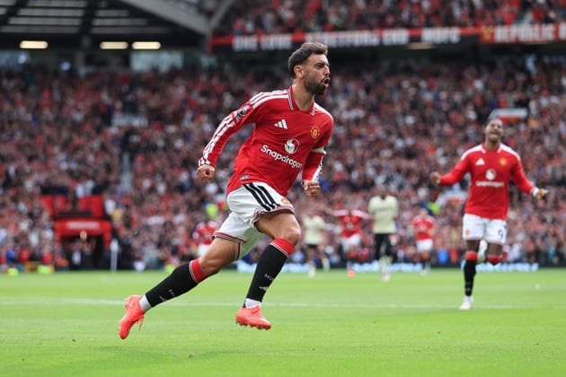 Fußball: Premier League – Manchester United gegen Ipswich Town, 30. August 2026 Premier League – Manchester United gegen Ipswich Town: Bruno Fernandes von Manchester United jubelt nach dem ersten Tor. Foto: Simon Stacpoole, Offside, Manchester, Großbritannien  Copyright: xSimonxStacpoolexOffside