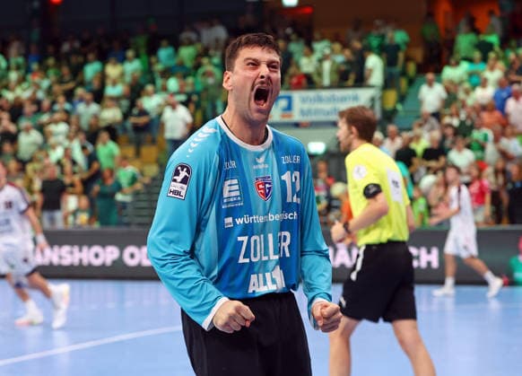 August 30, 2026, xovx, Opel Handball Bundesliga, HSG Wetzlar vs. SG BBM Bietigheim; Martin Tomovski of SG BBM Bietigheim celebrates the 35–33 victory in Wetzlar; Wetzlar Buderus Arena, Hesse, Germany, DE