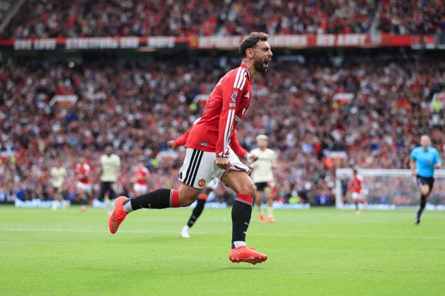 Fußball: Premier League – Manchester United gegen Ipswich Town, 30. August 2026 Premier League – Manchester United gegen Ipswich Town: Bruno Fernandes von Manchester United jubelt nach dem ersten Tor. Foto: Simon Stacpoole, Offside, Manchester, Großbritannien  Copyright: xSimonxStacpoolexOffside