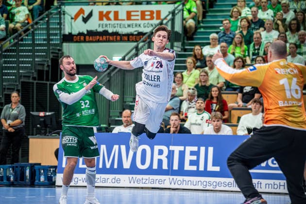 OPEL Handball Bundesliga: HSG Wetzlar vs. SG BBM Bietigheim, August 30, 2026; Maxim Orlov (SG BBM Bietigheim), 24; Nikolaj Laesoe (HSG Wetzlar), 32; Laszlo Bartucz, HSG Wetzlar, 16 OPEL Handball Bundesliga: HSG Wetzlar vs. SG BBM Bietigheim, Wetzlar, August 30, 2026 Copyright: xBEAUTIFULxSPORTS Roeczeyx