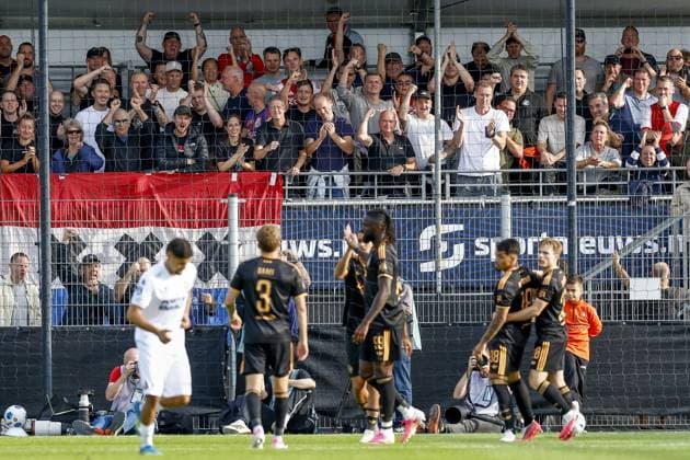 VELSEN, 30-08-2026 , BUKO Stadium , season 2026 2027 , Dutch Eredivisie football , match between Telstar and Ajax , picture shows goal celebration by Ajax fans 0-4 Telstar - Ajax  x206253221x Copyright: