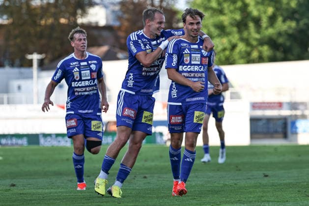 SOCCER - BL, Hartberg vs Ried HARTBERG,AUSTRIA,30.AUG.26 - SOCCER - ADMIRAL Bundesliga, TSV Hartberg vs SV Ried. Image shows the rejoicng of Angelo Gattermayer and Jonas Karner (Hartberg).  GEPAxpictures xChrisxBauer
