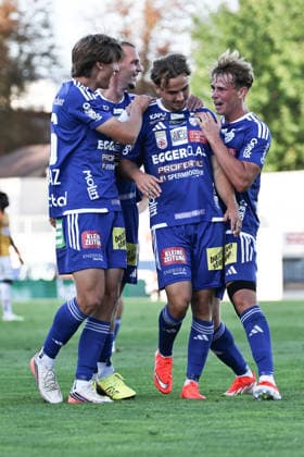 SOCCER - BL, Hartberg vs Ried HARTBERG,AUSTRIA,30.AUG.26 - SOCCER - ADMIRAL Bundesliga, TSV Hartberg vs SV Ried. Image shows the rejoicng of Magnus Dalpiaz, Angelo Gattermayer, Jonas Karner and Paul Komposch (Hartberg).  GEPAxpictures xChrisxBauer