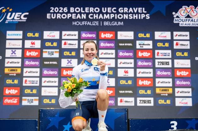 Dutch Femke Markus of SD Worx-Protime , winner of the gold medal pictured on the podium of the UEC Gravel European Championships in Houffalize (138 km), on Sunday 30 August 2026. DAVIDxPINTENS  x184762480x