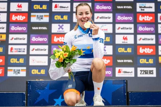 Dutch Femke Markus of SD Worx-Protime , winner of the gold medal pictured on the podium of the UEC Gravel European Championships in Houffalize (138 km), on Sunday 30 August 2026. DAVIDxPINTENS  x184762495x
