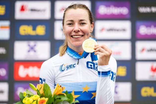 Dutch Femke Markus of SD Worx-Protime , winner of the gold medal pictured on the podium of the UEC Gravel European Championships in Houffalize (138 km), on Sunday 30 August 2026. DAVIDxPINTENS  x184762506x