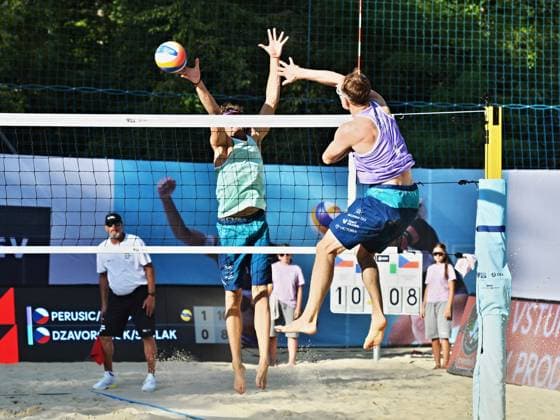 From right, Ondrej Perusic from Czech Republic, Jiri Sedlak from Czech Republic in action during the World Beach volleyball, Beachvolleyball Pro Tour, category Futures, on August 30, 2026, in Brno, Czech Republic. (CTKxPhoto PatrikxUhlir) CTKPhotoP2026083004669  CTKPhotoP2026083004669