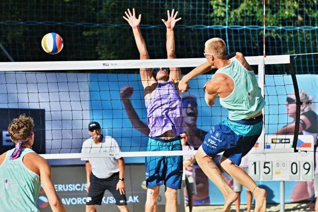From right, Matyas Dzavoronok from Czech Republic, Jakub Sepka from Czech Republic in action during the World Beach volleyball, Beachvolleyball Pro Tour, category Futures, on August 30, 2026, in Brno, Czech Republic. (CTKxPhoto PatrikxUhlir) CTKPhotoP2026083004712  CTKPhotoP2026083004712