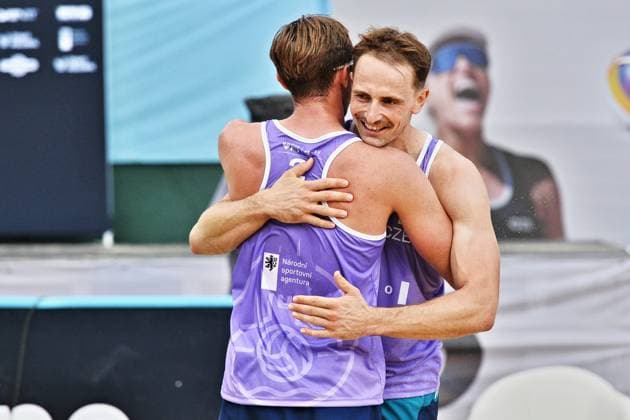 From right, Ondrej Perusic and Jakub Sepka from Czech Republic during the World Beach volleyball, Beachvolleyball Pro Tour, category Futures, on August 30, 2026, in Brno, Czech Republic. (CTKxPhoto PatrikxUhlir) CTKPhotoP2026083004719  CTKPhotoP2026083004719
