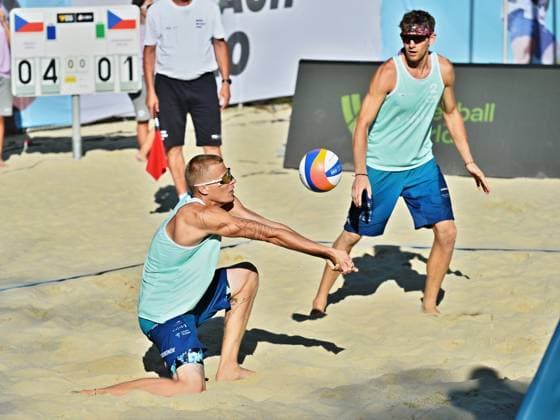 From left, Matyas Dzavoronok and Jiri Sedlak from Czech Republic in action during the World Beach volleyball, Beachvolleyball Pro Tour, category Futures, on August 30, 2026, in Brno, Czech Republic. (CTKxPhoto PatrikxUhlir) CTKPhotoP2026083004734  CTKPhotoP2026083004734