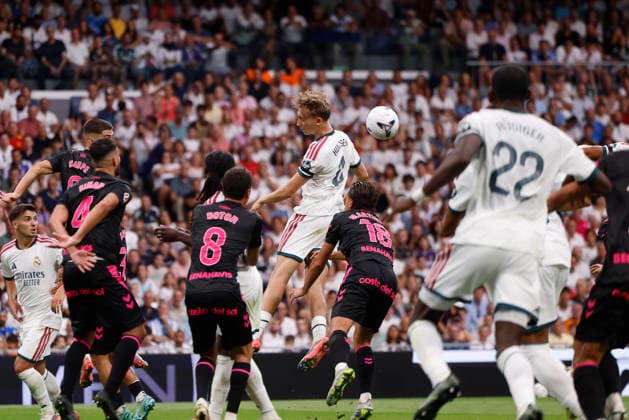 Dean Huijsen of Real Madrid CF in action during the LaLiga EA Sports match between Real Madrid CF and Málaga CF at Estadio Santiago Bernabéu on August 30, 2026, in Madrid, Spain. Photo by Manu Reino, DeFodi Images