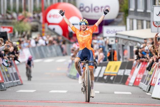 Dutch Femke Markus of SD Worx-Protime celebrates as she crosses the finish line to win the UEC Gravel European Championships in Houffalize (138 km), on Sunday 30 August 2026. DAVIDxPINTENS  x184760326x